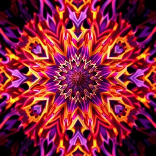 Generate a high-resolution abstract fractal image featuring vibrant purples, golds, and reds with sharp details and soft gradients, using a Canon EOS 5D Mark IV, 50mm lens, f/1.8 aperture, ISO 100, shot from a slightly tilted aerial perspective to emphasize depth and texture.