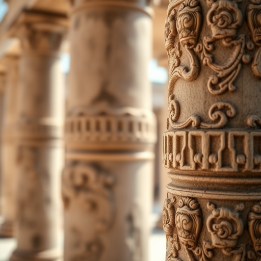 Close-up photo of decorative stone columns with intricate details, soft focus background, captured with a Canon EOS 5D Mark IV, 50mm lens, aperture f/2.8, ISO 200, natural light, shallow depth of field.