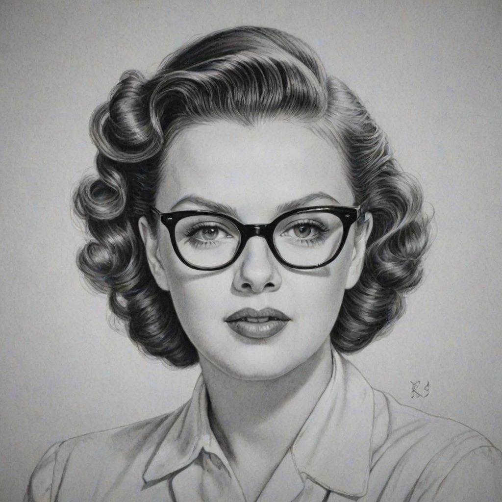 Fascinating Judy Garland, pencil sketch, portrait of Wonderful woman 1943s in glasses, hair style beatnik, outline, clear lines, fine lines, 8k