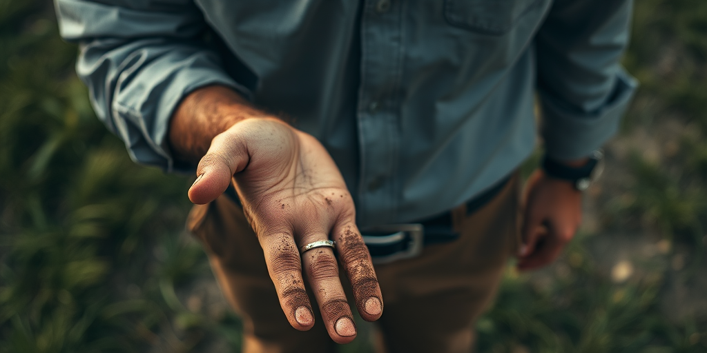 detailed edges, detailed image, perfection style, A cinematic detailed high angle from above image of a man with dirty hands and dirt on them, movie themed, sharp, detailed background, epic cinematic photography, artistic style, dramatic light style, cinematic color style, Kodak 35mm film style, detailed style, hand focus style, solo, shirt, 1boy, jewelry, male focus, outdoors, belt, pants, blurry, blurry background, ring, close-up, black belt, brown pants, multiple boys, 2boys, realistic, wedding ring, grass, yaoi, outstretched hand, hand focus