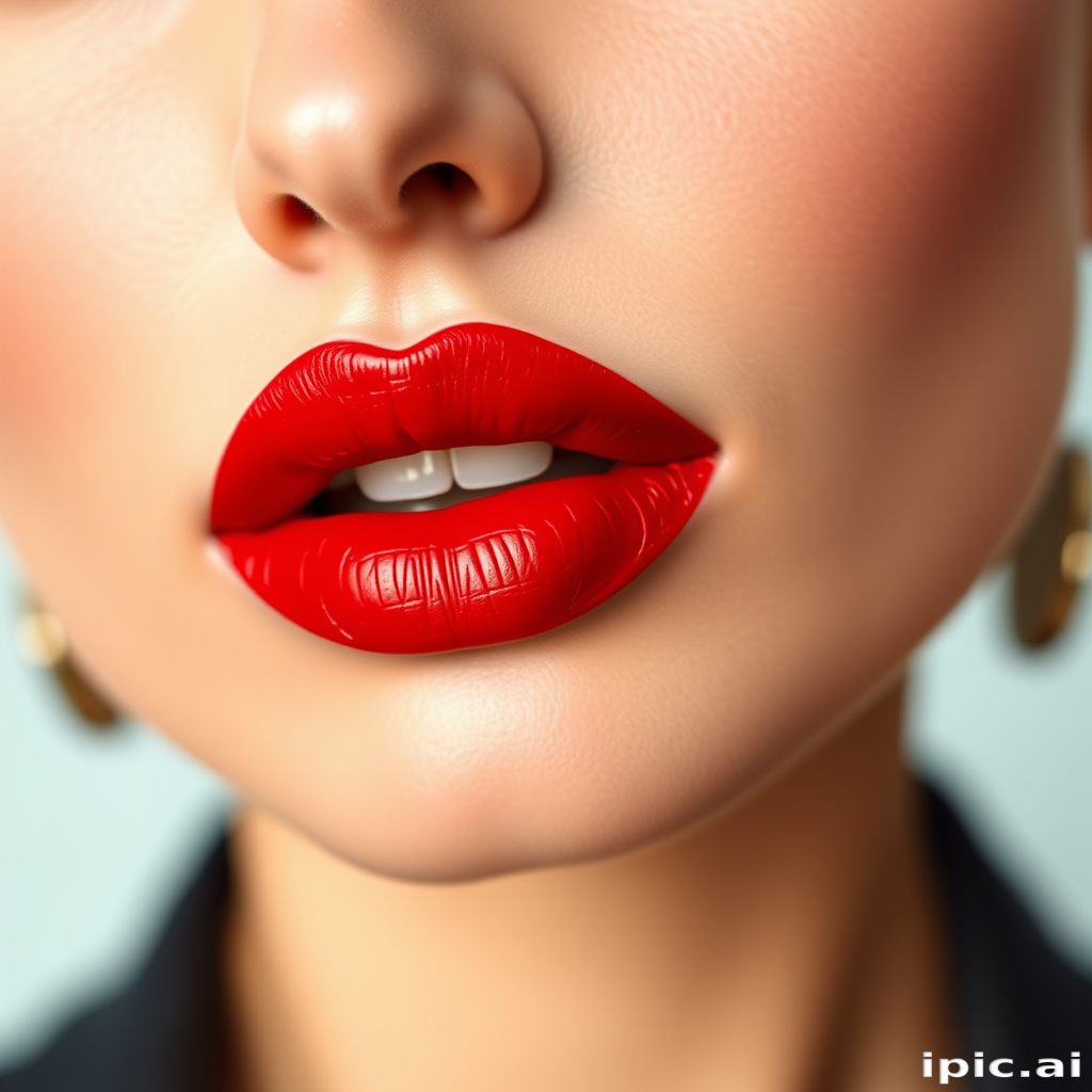 Elegant woman lips showcasing a classic red satin lipstick, timeless and sophisticated, full and symmetrical, embodying confidence and glamour