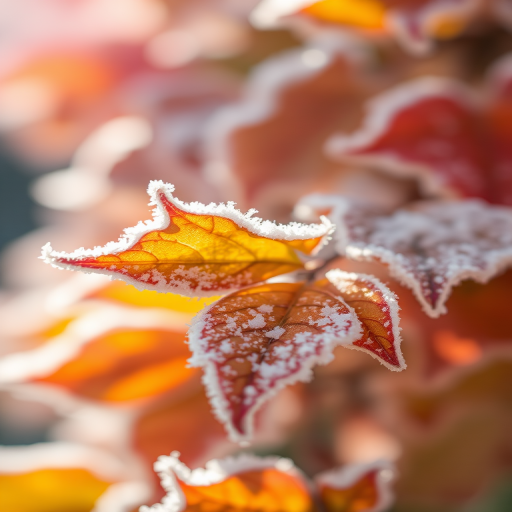close-up of frost-covered autumn leaves in soft focus, shallow depth of field, natural sunlight, 50mm f/1.8 lens, ISO 200, shutter speed 1/200 sec, macro photography, DSLR camera, vibrant colors and detailed textures