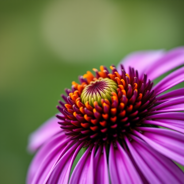 macro shot of a purple coneflower with vivid orange and green center, shallow depth of field, soft bokeh background, taken with a Canon EOS 5D Mark IV, 100mm f/2.8L Macro IS USM lens, aperture f/2.8, ISO 200, 1/200 sec