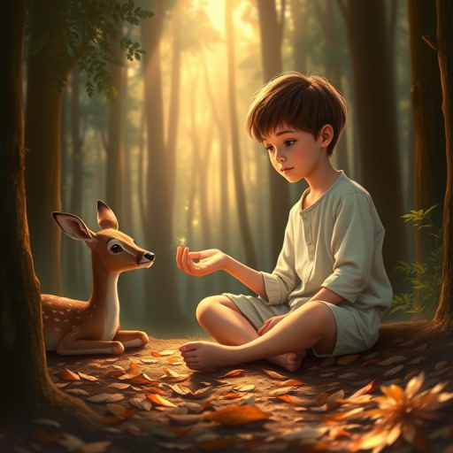 A luminous digital painting of a serene forest scene featuring a barefoot young boy, about 7 years old, with brown hair and fair skin, dressed in a simple white outfit. He sits cross-legged on the forest floor, gazing at a small, glowing, magical firefly in his hand. Beside him, a delicate spotted deer lies calmly on a bed of dried leaves, observing the scene. The dense forest is bathed in warm, golden light filtering through the trees, creating a peaceful, magical atmosphere with a blend of natural and mystical elements.