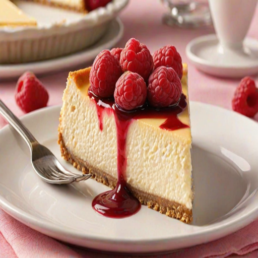 Create an image of a slice of cheesecake with a smooth, creamy filling. The cheesecake should have a graham cracker crust and be topped with a glossy raspberry sauce and fresh raspberries. The background should be light and soft, enhancing the dessert's colors.