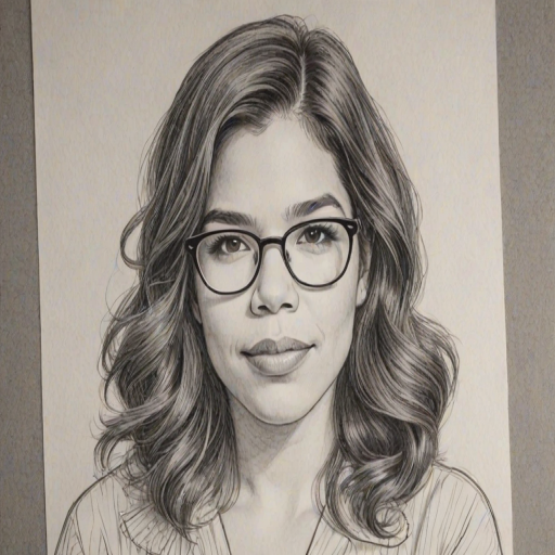 Lovely America Ferrera, pencil sketch, portrait of Beauteous woman 1976s in glasses, hair style beatnik, outline, clear lines, fine lines, 8k