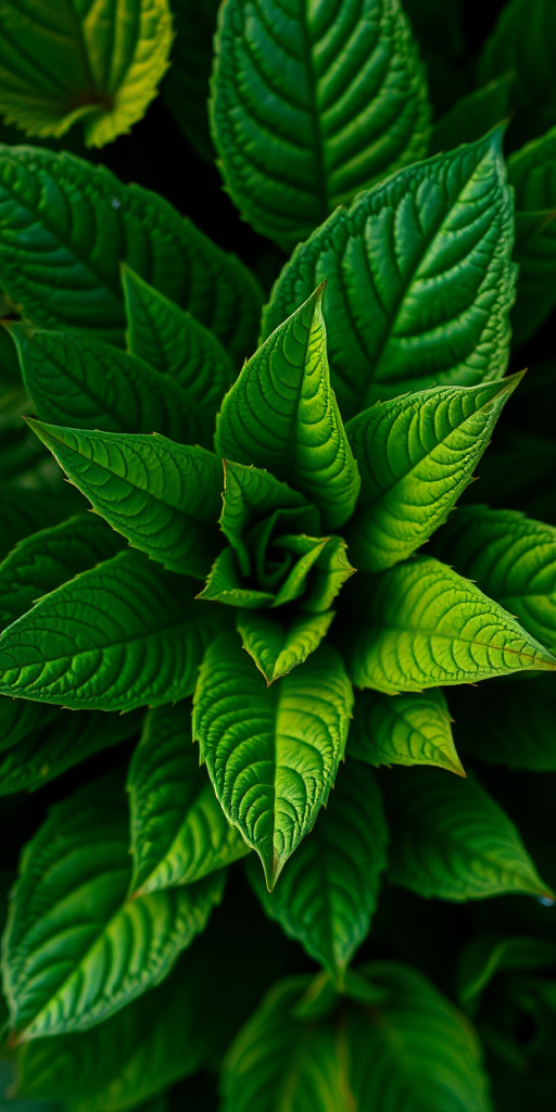 macro photograph of a lush green plant with textured leaves, shot with a DSLR camera at f/2.8 aperture, ISO 100, shutter speed 1/200s, in natural light from a top-down angle to enhance details and colors.