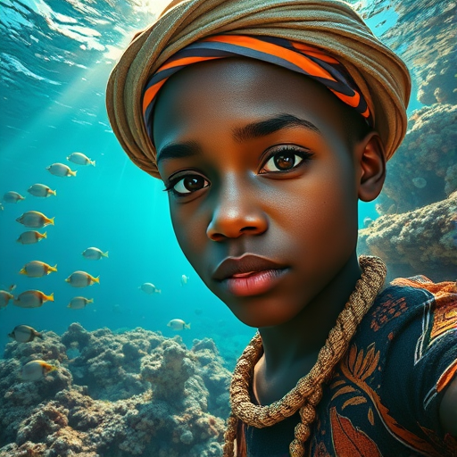 Realistic selfie image of a Oromo, wearing a vintage outfit, detailed dreamy eyes, droopy hooded eyes, staring at the camera, taken underwater at coral reef with a sunbeam filtering through the water, vibrant, summer vacation, natural lighting, turtle and school of tropical fish with vibrant colors, rendered in the style of CryEngine, Pegi Nicol MacLeod, with realistic genre scenes, hauntingly beautiful narratives, ultra-realism, and Thomas Saliot's close-up technique, 8K resolution, crystal clear and sparkling water.