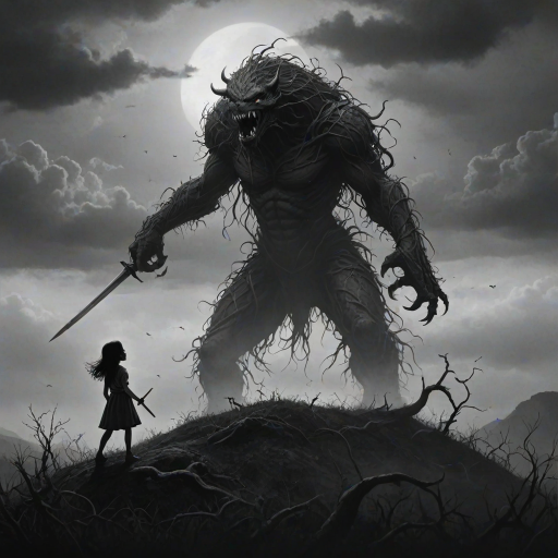 Fight your fears illustration of black and white minimalist of a little girl standing on a hill, raising a sword in hand, she is facing a large menacing creature with large head, sharp teeth and sharp claws, its body is made of vines and roots. The background is a cloudy sky with a hint of smoke or fog. The overall mood of the image is dark and eerie.