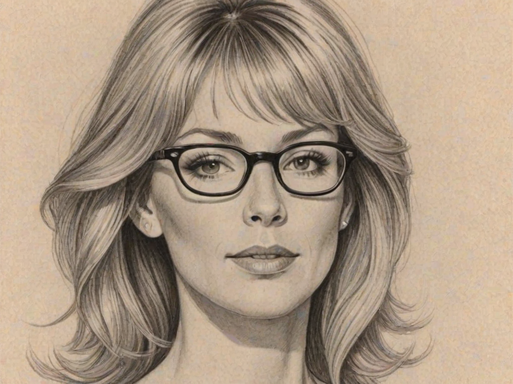 Bewitching Meredith Monroe, pencil sketch, portrait of Alluring woman 1961s in glasses, hair style beatnik, outline, clear lines, fine lines, 8k