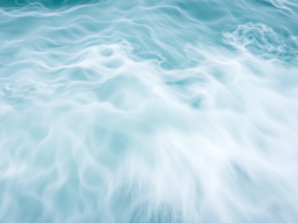 Create an ethereal abstract image of flowing turquoise waves with intricate patterns and textures, captured with a Canon EOS R5, 24mm lens, aperture f/2.8, shutter speed 1/60s, ISO 100, using a long exposure technique and soft focus for a dreamy effect.