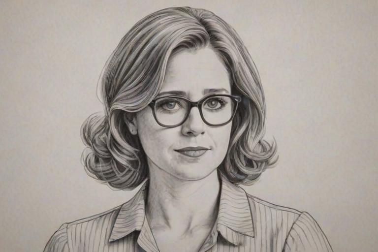 Appealing Jenna Fischer, pencil sketch, portrait of Splendid woman 1932s in glasses, hair style beatnik, outline, clear lines, fine lines, 8k