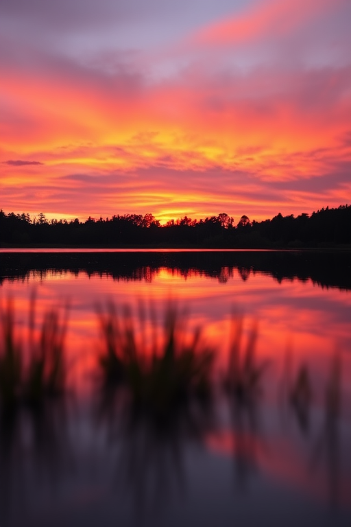 Generate an image of a vibrant sunset over a tranquil lake with reflections, using a DSLR camera, 50mm lens, f/1.8 aperture, ISO 100, 1/125 sec exposure, shot from a low angle for enhanced depth and detail.