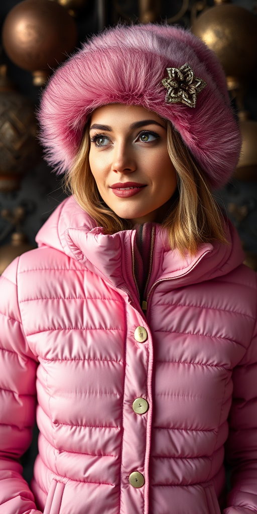 portrait of a woman wearing a pink puffer jacket and furry hat, standing against a backdrop of vintage metal ornaments, soft natural light, shot with a Canon EOS R5, 85mm lens, aperture f/1.8, ISO 200, shallow depth of field