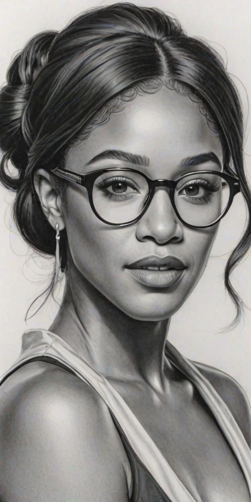 Exquisite Tiffany Haddish, pencil sketch, portrait of Stunning woman 1975s in glasses, hair style beatnik, outline, clear lines, fine lines, 8k