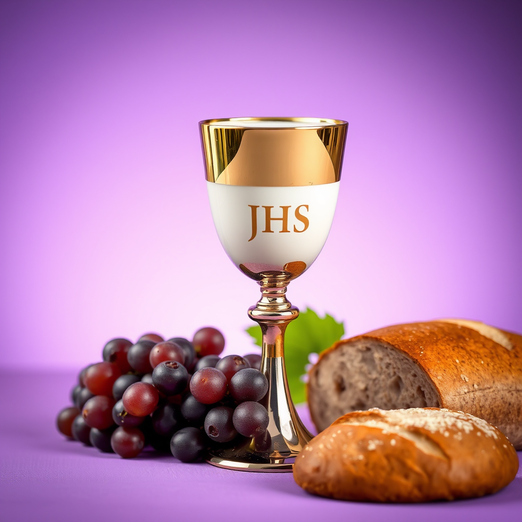 create an image of a chalice with a white host inscribed with JHS, surrounded by grapes and a loaf of bread, set against a soft gradient purple background, captured using a DSLR camera, 50mm lens, f/1.8 aperture, ISO 100, natural lighting, shallow depth of field to enhance the focus on the chalice and bread while softly blurring the background