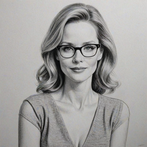 Appealing Leslie Mann, pencil sketch, portrait of Elegant woman 1959s in glasses, hair style beatnik, outline, clear lines, fine lines, 8k