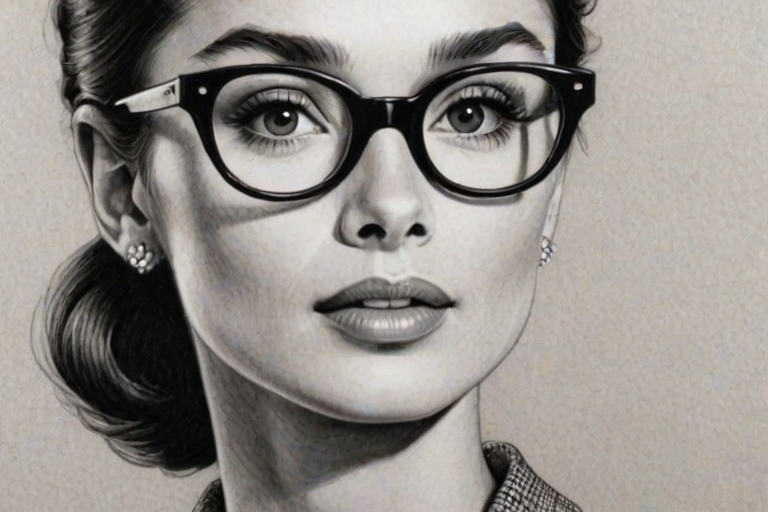 Sublime Audrey Hepburn, pencil sketch, portrait of Stunning woman 1977s in glasses, hair style beatnik, outline, clear lines, fine lines, 8k