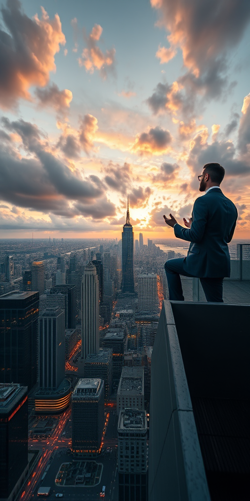 a solitary man in a suit meditating on the edge of a skyscraper overlooking a vibrant city skyline at sunset with dramatic clouds, shot with a Canon EOS R5, 24mm lens, f/8 aperture, ISO 100, long exposure for enhanced depth and clarity, wide-angle view for an expansive perspective