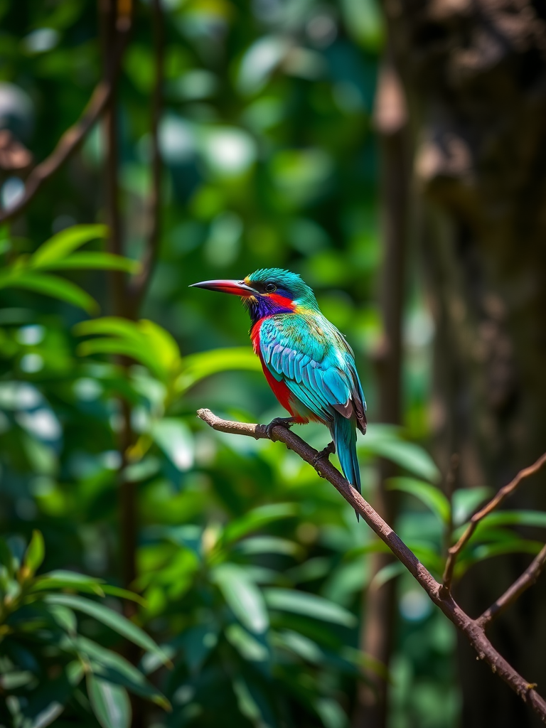 photograph a colorful bird perched on a branch in a lush green forest, use a Canon EOS 5D Mark IV, with a 100mm f/2.8 macro lens, aperture set to f/4, ISO 200, shutter speed of 1/200s, natural sunlight, shallow depth of field, capture vibrant colors and sharp details.