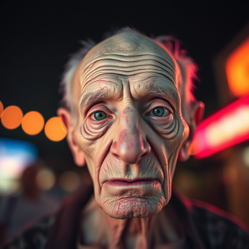 create a close-up perspective view fine art photography contemporary style of an elderly worn albino’s face with a soft, candid expression on a blurred sky black light background. Showcasing a modern style characterized by vibrant blacklight tones, using dramatic lighting and soft gradients to create a fine art atmosphere. The focus is on the light and facial features. motion light blur, neon backlit