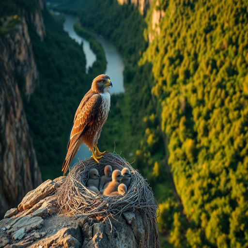 A majestic falcon stands guard over its nest of hatchlings on a cliffside, overlooking a winding river surrounded by lush green forests, captured with a Canon EOS R5, ISO 100, f/8, 1/250 sec, in natural light during golden hour, with a wide-angle lens for an expansive view.