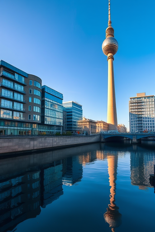 Generate a high-resolution image of the Berlin TV Tower beside modern architecture along a river, with a clear blue sky, using a Canon EOS R5 camera, 24mm lens, f/8 aperture, ISO 100, and a low angle view to capture reflections in the water.