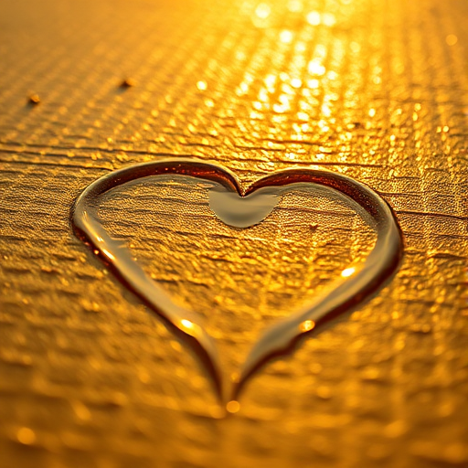 Close-up of a heart shape drawn in water on a textured golden surface, taken with a DSLR camera, 50mm lens, f/2.8 aperture, ISO 100, natural light at sunrise, shallow depth of field for enhanced bokeh effect.