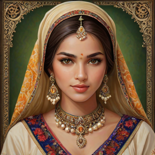 Create a portrait of a beautiful woman with striking hazel eyes and a gentle expression. She is adorned in traditional attire with intricate patterns, including a richly embroidered headscarf and matching garments. Her jewelry includes a delicate headpiece, dangling earrings, and ornate bracelets, all featuring vibrant gemstones and detailed metalwork. The background is soft and warm, enhancing the rich colors of her outfit and jewelry.