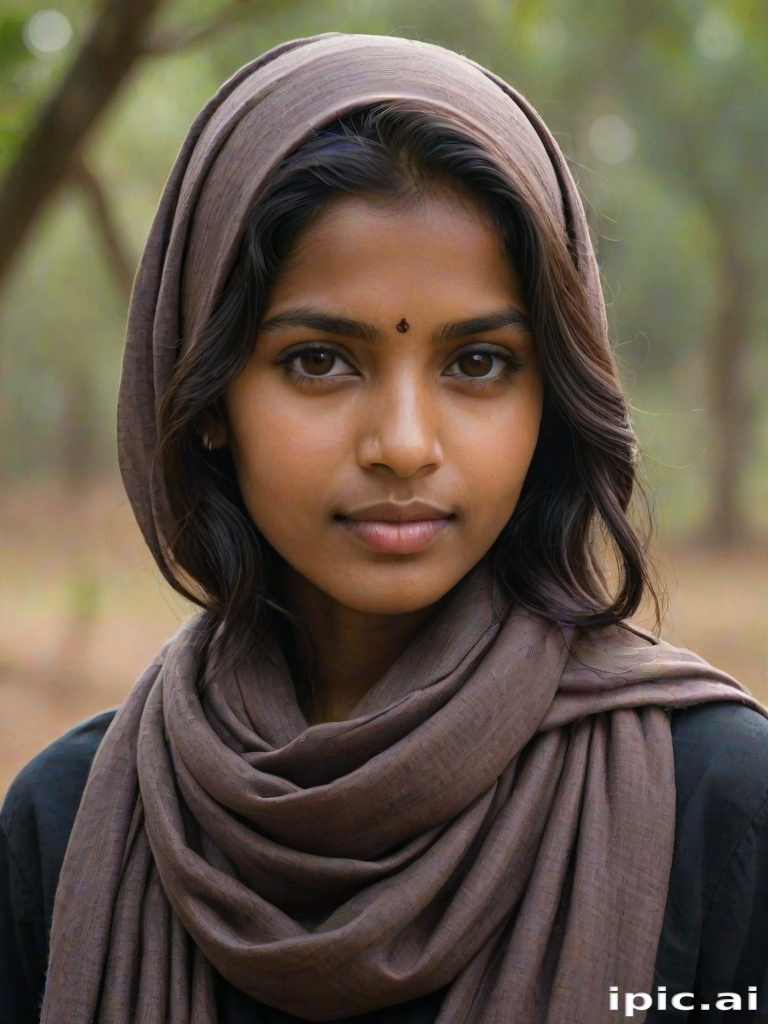 Create a portrait of a young Sri Lankan woman with long, dark hair and captivating hazel eyes. She is wearing a dark headscarf and a matching scarf draped gracefully around her neck. The background is softly blurred, focusing attention on her serene and natural expression. The overall color palette is muted and warm, enhancing the intimate and authentic feel of the portrait.