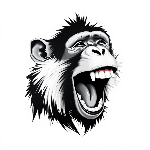 Abstract black and white acrylic portrait of an over exaggerated laughing (monkey). Minimalism style. White background.