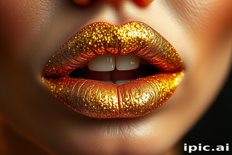 Glittery gold lips that sparkle and shine, catching the light with every movement, creating a glamorous and eye-catching focal point