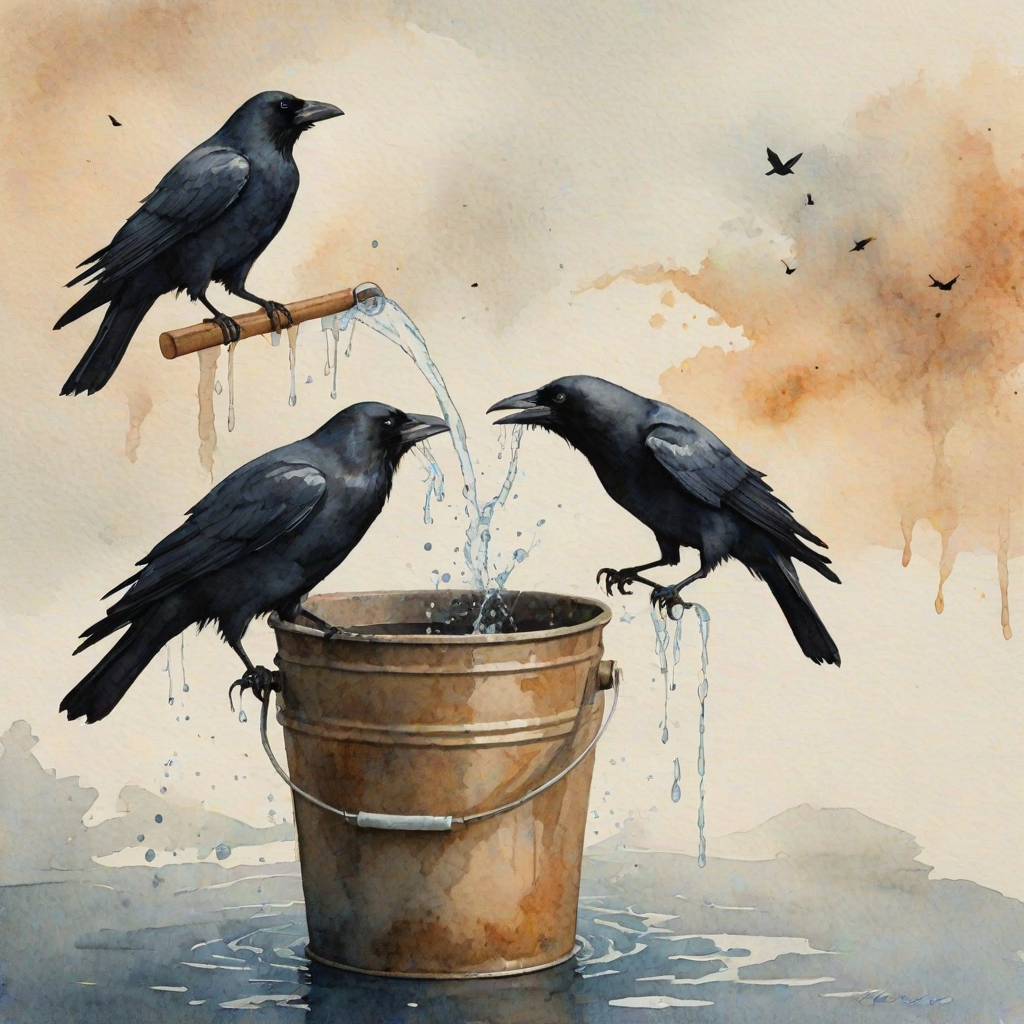 Create a watercolor painting of the silhouette of crows drinking water from a bucket, with muted colors and a textured background.