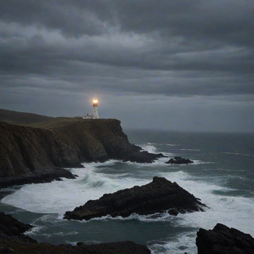 Low-light shot of a solitary lighthouse on a rugged coastline at dusk, the beacon casting a warm glow over crashing waves, with distant cliffs barely visible through soft mist and a stormy sky overhead.
