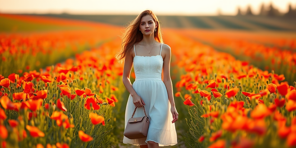 portrait of a young woman walking through a field of poppies wearing a white dress and holding a handbag, soft natural lighting, f/2.8 aperture, 50mm lens, shallow depth of field, golden hour, DSLR camera, vibrant colors, high resolution