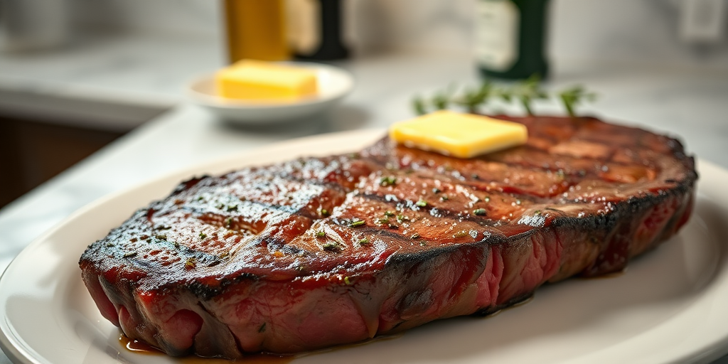 Create an image of a perfectly seared ribeye steak, resting on a white plate with a pat of melting butter on top. The steak is seasoned with fresh herbs like thyme and parsley, with glistening juices highlighting the texture of the meat. The background features a soft focus on a light, marble countertop, with a small dish of butter and an olive oil bottle in the distance. The overall mood should be warm and inviting, capturing the deliciousness and juiciness of the steak.