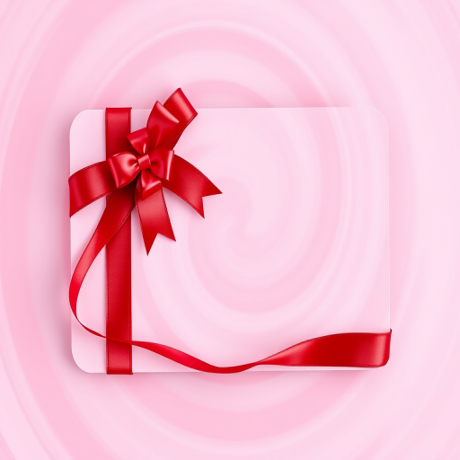 Create a vibrant gift card design featuring a soft pink swirl background with a shiny red bow and ribbon, using a Canon EOS R5 with a 50mm f/1.2 lens, aperture set to f/2.8, ISO 100, and shot from a 45-degree angle.
