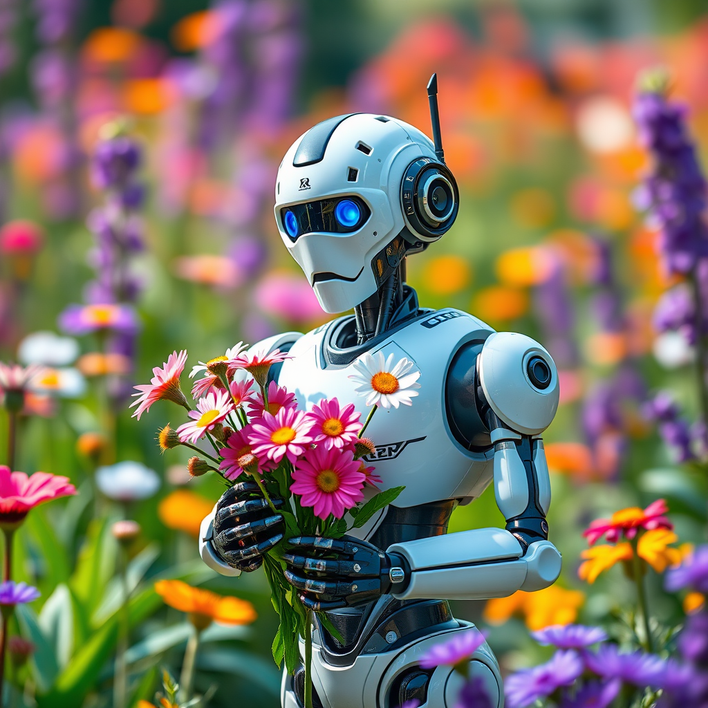 Create a stylistic illustration of a robot holding flowers in a vibrant garden, shot with a Canon EOS R5, 50mm lens, f/1.8 aperture, ISO 100, natural light, vibrant colors, soft focus background for depth.