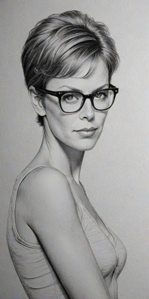 Lovely Jaime Lee Curtis, pencil sketch, portrait of Alluring woman 1943s in glasses, hair style beatnik, outline, clear lines, fine lines, 8k