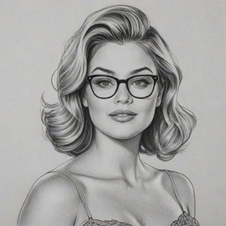 Radiant Lauren Alaina, pencil sketch, portrait of Ravishing woman 1955s in glasses, hair style beatnik, outline, clear lines, fine lines, 8k
