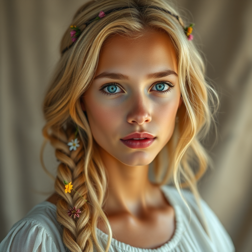 Create an image of a young Hausa woman with long, wavy blonde hair, adorned with small, colorful flowers woven into her braids and loose strands. Her complexion is fair, with soft, glowing skin, and she has light blue eyes that gaze softly at the viewer. She wears a light, flowing dress with a gentle, ethereal quality, complementing her delicate and serene appearance. The background is slightly blurred, drawing focus to her tranquil expression and the intricate details of the flowers in her hair. The overall mood of the image is one of natural beauty and grace, evoking a sense of peacefulness and connection with nature.