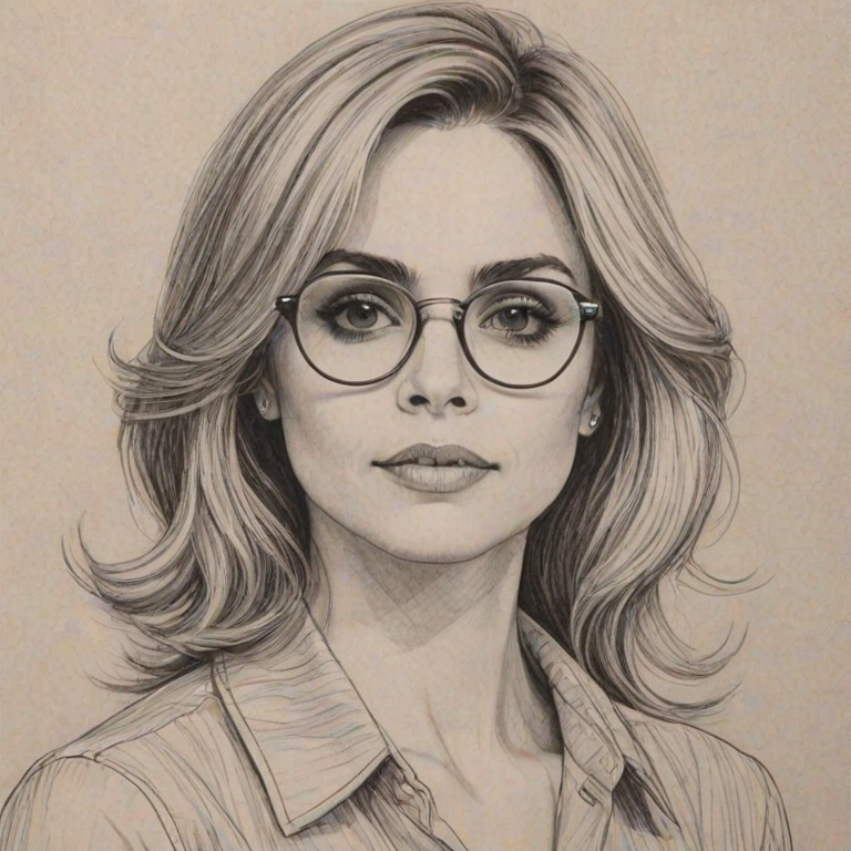 Beauteous Cara Buono, pencil sketch, portrait of Splendid woman 1971s in glasses, hair style beatnik, outline, clear lines, fine lines, 8k