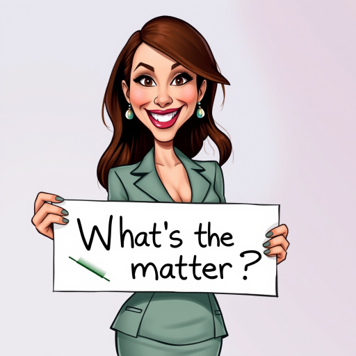 caricature of a smiling Megan Fox in a Sage dress or suit, holding up a sign that says "What's the matter?", no watermark,