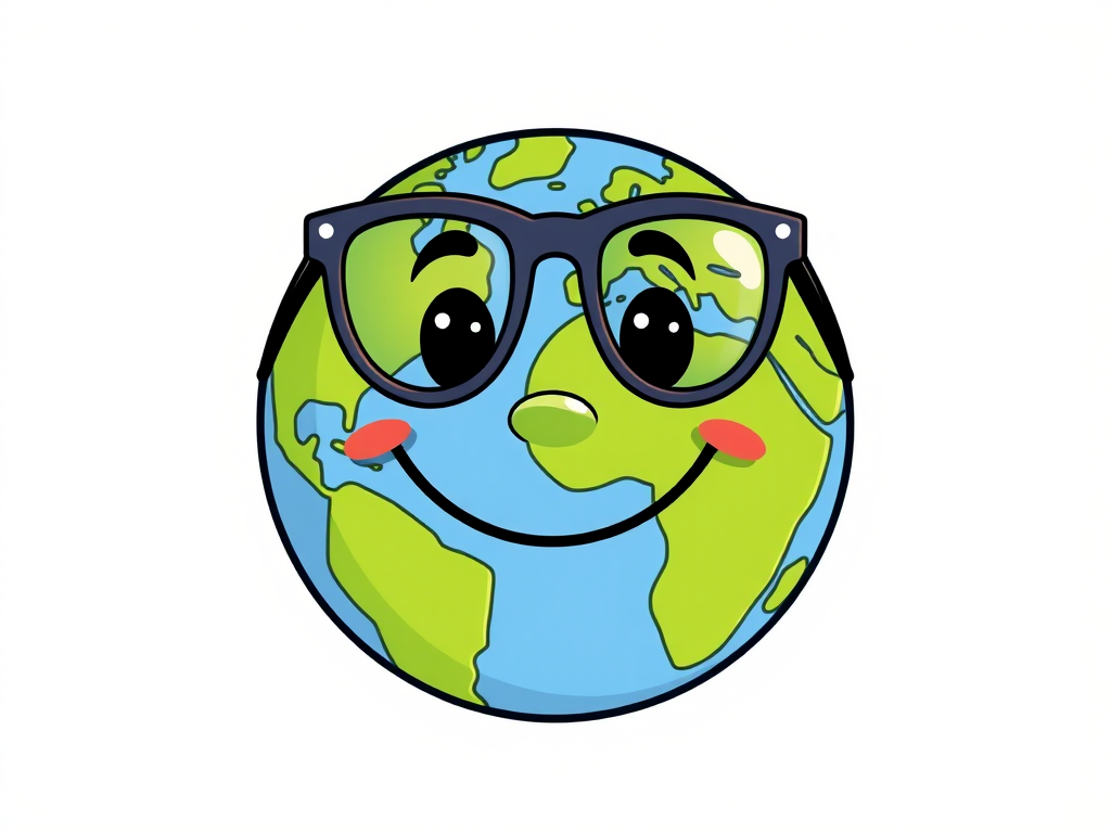 Create a colorful cartoon-style illustration of a smiling Earth with glasses against a light blue background, using a Canon EOS R5 camera with a 50mm lens, aperture set to f/2.8, ISO 100, and a soft light filter for enhanced image quality.