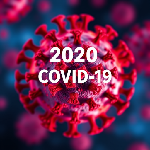 Create an abstract representation of the COVID-19 virus with a vibrant red and blue color contrast, incorporate the text "2020 COVID-19" in a bold font, using a DSLR camera with a 50mm lens, aperture set at f/2.8, ISO 100, and a long exposure time of 2 seconds for enhanced motion blur effects.