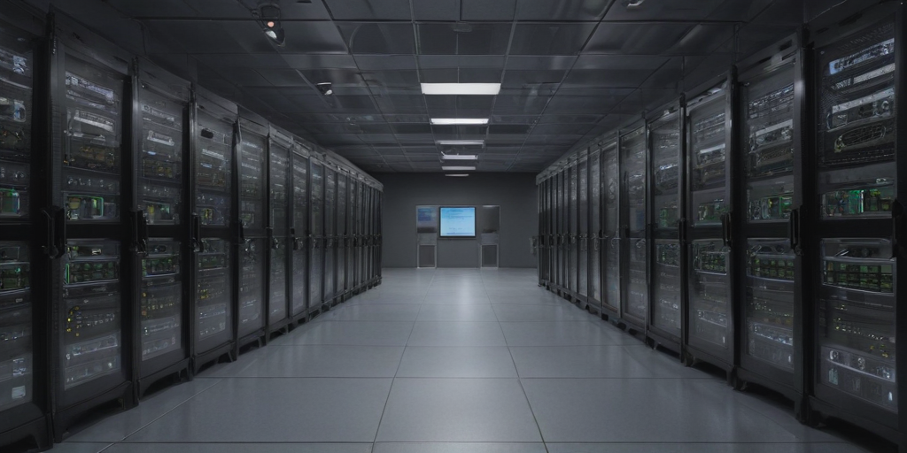 generate a realistic showing the inside of a high tech data center.