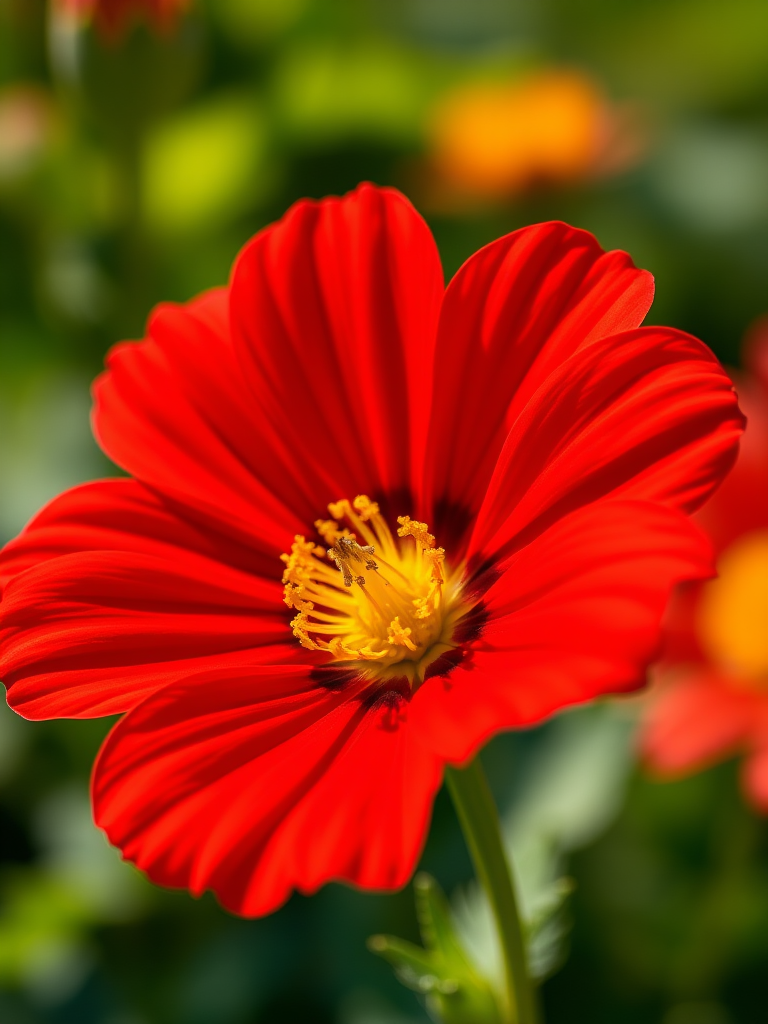 create a high-resolution illustration of a vibrant red flower with a detailed yellow center, using a macro lens at f/2.8 aperture, ISO 100, with soft natural lighting for enhanced color saturation and depth, in a digital art style.