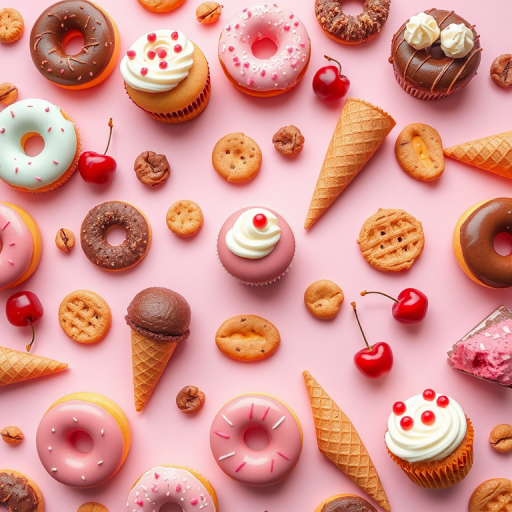 Create a pattern of assorted desserts including donuts, cupcakes, ice cream cones, cookies, and cherries on a soft pink background, shot with a Canon EOS R, 50mm lens, aperture f/2.8, ISO 100, low angle view, vibrant colors, increased contrast for clarity.