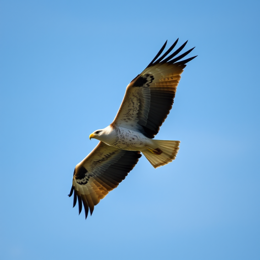 Eagle flying in a clear sky, captured with a DSLR camera, 300mm lens, ISO 400, f/5.6, 1/1000s, shot from a low angle to emphasize wingspan, natural light for sharp details and vibrant colors.
