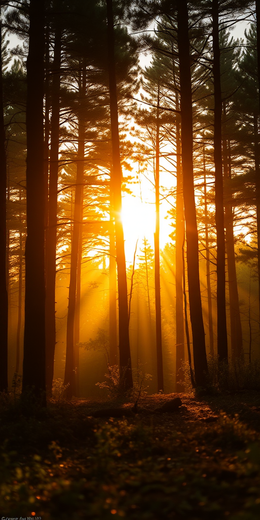 Generate a high-resolution image of a serene forest landscape during sunrise with soft golden light filtering through the trees, taken with a Canon EOS R5 at f/8, ISO 100, 1/125 sec, using a wide-angle lens from a low perspective to capture depth and detail.
